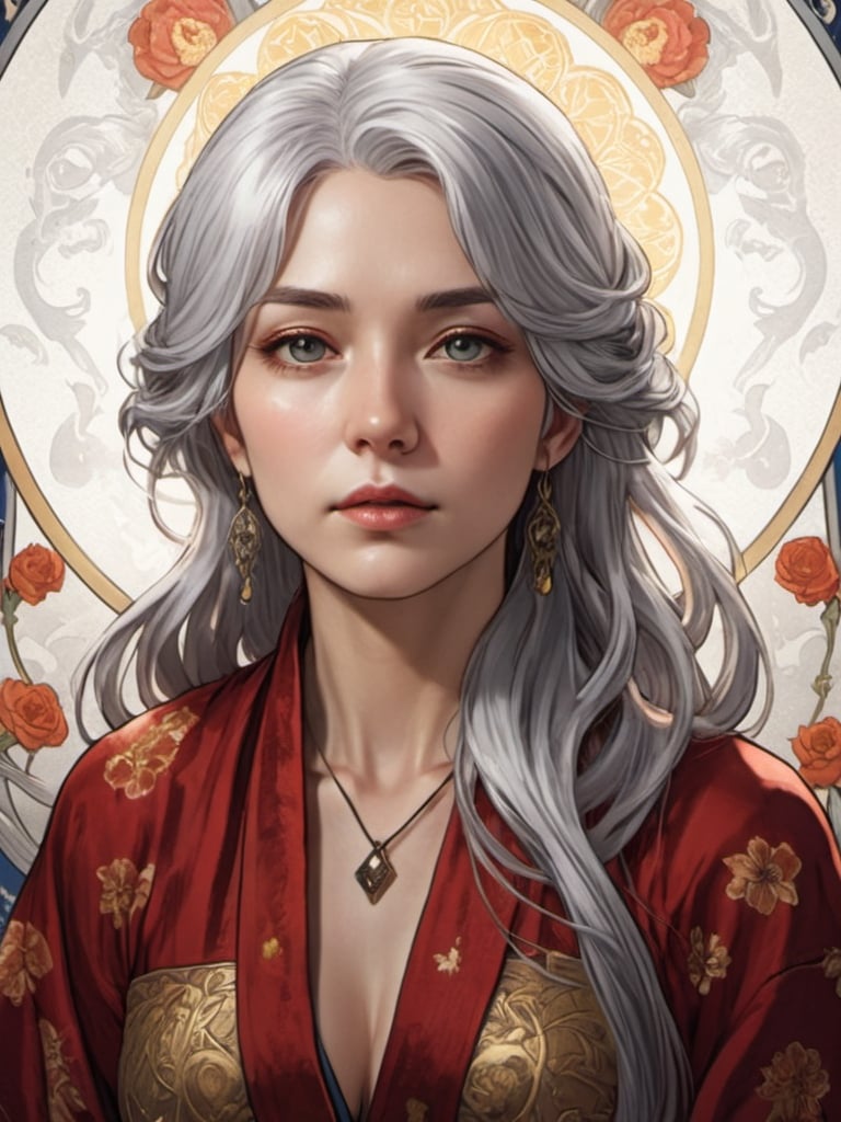 Prompt: tarot card Anime illustration, a silver-haired woman, detailed ornate cloth robe, dramatic lighting