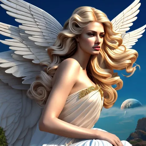Prompt: HD 4k 3D 8k professional modeling photo hyper realistic beautiful  women ethereal greek goddesses of the wind
different colored hair gorgeous face flowing gowns in the wind jewelry tiaras angel wings full body surrounded by ambient glow hd landscape beautiful winged goddesses on clouds

