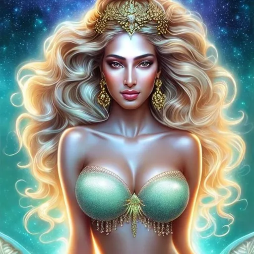 Prompt: HD 4k 3D, hyper realistic, professional modeling, ethereal Greek goddess of dawn, light green ombre hair, brown skin, pink shimmering gown, gorgeous face, sparkling jewelry and headband, full body, ambient glow of dawn, alluring sun goddess in the sky, detailed, elegant, ethereal, mythical, Greek, goddess, surreal lighting, majestic, goddesslike aura