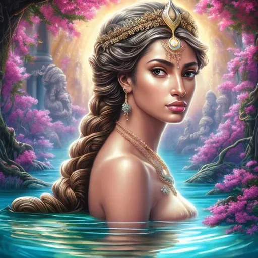 Prompt: HD 4k 3D, hyper realistic, professional modeling, ethereal Greek goddess of fresh water, pink bun hair, brown skin, gorgeous face, gorgeous mermaid, freshwater jewelry and laurel headpiece, full body, ambient glow, streams and brooks with laurel trees, mermaid, landscape, detailed, elegant, ethereal, mythical, Greek, goddess, surreal lighting, majestic, goddesslike aura