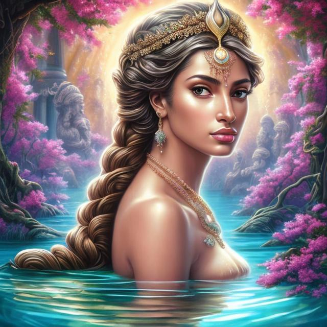 Prompt: HD 4k 3D, hyper realistic, professional modeling, ethereal Greek goddess of fresh water, pink bun hair, brown skin, gorgeous face, gorgeous mermaid, freshwater jewelry and laurel headpiece, full body, ambient glow, streams and brooks with laurel trees, mermaid, landscape, detailed, elegant, ethereal, mythical, Greek, goddess, surreal lighting, majestic, goddesslike aura