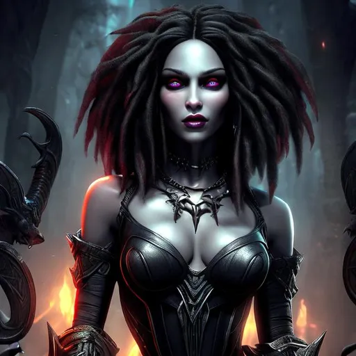 Prompt: HD 4k 3D 8k professional modeling photo hyper realistic beautiful twin evil demon women ethereal greek goddesses of insanity
black dreadlock hair dark eyes gorgeous face fair skin silk goth dress tattoos full body surrounded by evil glow hd landscape background two women in underworld surrounded by ghosts and spirits