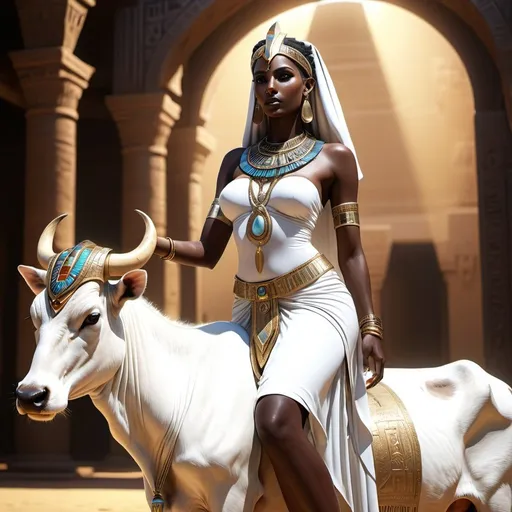 Prompt: HD 4k 3D, 8k, hyper realistic, professional modeling, ethereal Egyptian Cow Goddess Hesat, beautiful, glowing dark skin, white hair, mythical clothing and jewelry, headband, cow goddess, full body, riding a white cow in a beautiful oasis, Fantasy setting, surrounded by ambient divine glow, detailed, elegant, surreal dramatic lighting, majestic, goddesslike aura, octane render