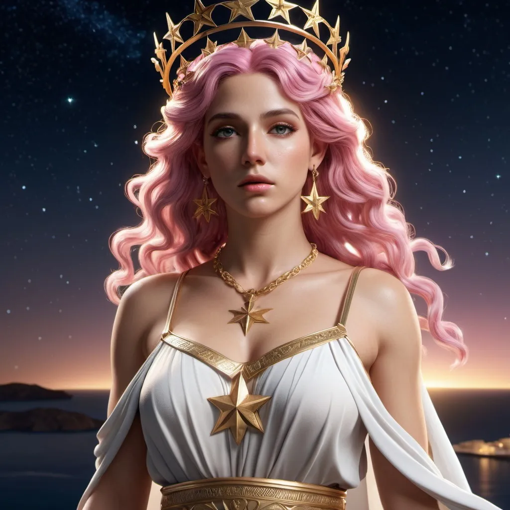 Prompt: HD 4k 3D, hyper realistic, professional modeling, ethereal Greek Goddess of Justice, pink hair, medium skin, gorgeous face, Greek dress, star jewelry and crown, full body, Virgo, starry night, innocence, purity, star-maiden, detailed, elegant, ethereal, mythical, Greek, goddess, surreal lighting, majestic, goddesslike aura