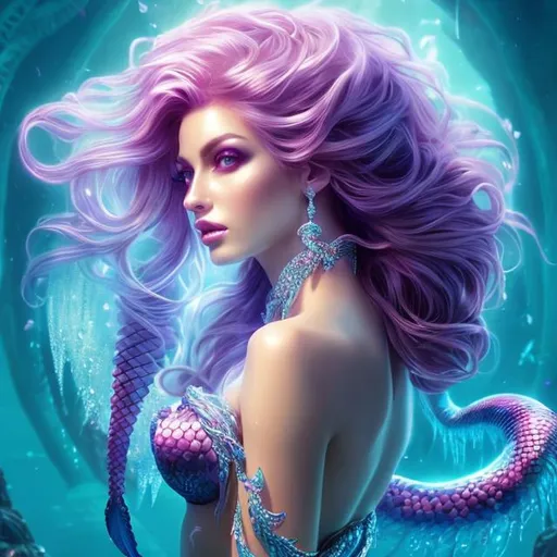 Prompt: HD 4k 3D 8k professional modeling photo hyper realistic beautiful evil woman ethereal greek goddess prophetic sea nymph
light purple fishtail braid hair gorgeous face  jewelry headpiece white mermaid tail and top full body surrounded by ambient glow hd landscape underwater shipwreck
