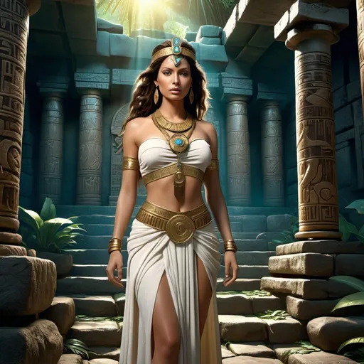 Prompt: HD 4k 3D 8k professional modeling photo hyper realistic beautiful woman enchanted Incan Princess, ethereal greek goddess, full body surrounded by ambient glow, enchanted, magical, highly detailed, intricate, Peruvian Jungle temple ruins, enchanted outdoor landscape, highly realistic woman, high fantasy background, elegant, mythical, surreal lighting, majestic, goddesslike aura, Annie Leibovitz style 

