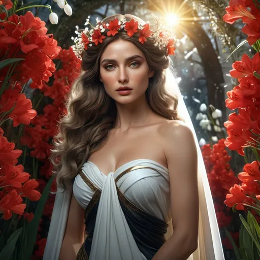 Prompt: HD 4k 3D 8k professional modeling photo hyper realistic beautiful woman English Princess ethereal greek goddess gorgeous face full body surrounded by ambient glow, snowdrop flowers vegetation, enchanted, magical, detailed, highly realistic woman, high fantasy background, elegant, mythical, surreal lighting, majestic, goddesslike aura, red and black flowers, Annie Leibovitz style 

