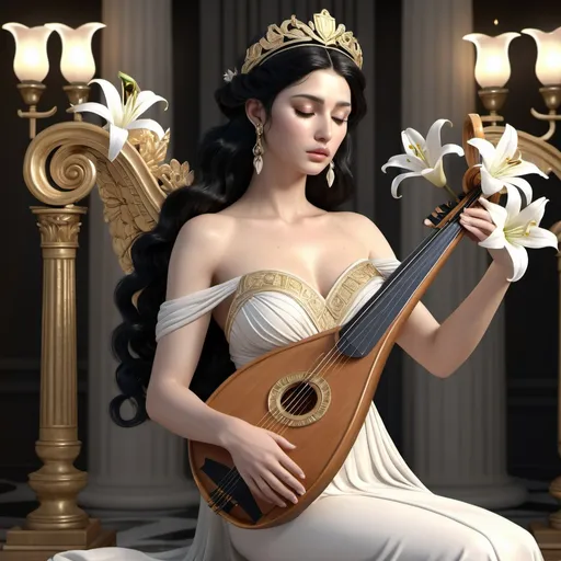 Prompt: HD 4k 3D, hyper realistic, professional modeling, ethereal Greek Muse of Lower Chord of the Lyre, dark black hair, ivory skin, gorgeous face, grecian embellished gown, diamond jewelry and tiara, full body, petite, playing lyre, white lilies, swans, detailed, elegant, ethereal, mythical, Greek, goddess, surreal lighting, majestic, goddesslike aura