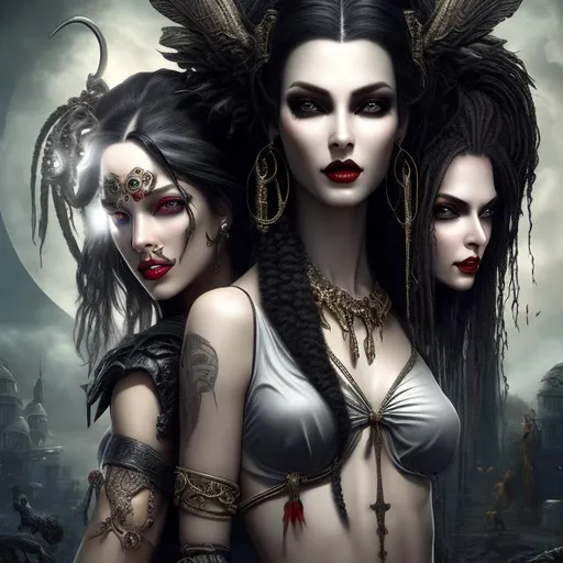 Prompt: HD 4k 3D 8k professional modeling photo hyper realistic beautiful twin evil demon women ethereal greek goddesses of insanity
black dreadlock hair dark eyes gorgeous face fair skin silk goth dress tattoos full body surrounded by evil glow hd landscape background two women in underworld surrounded by ghosts and spirits