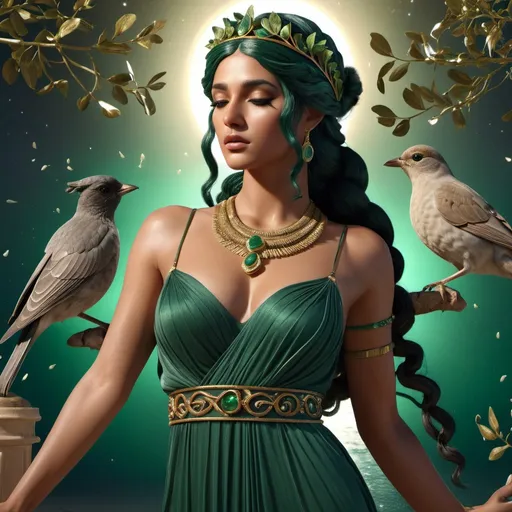 Prompt: HD 4k 3D, hyper realistic, professional modeling, ethereal Greek Muse of Song, dark green hair, brown skin, gorgeous face, grecian silk gown, ornate jewelry and headband, full body, embodiment of song, surrounded by birds, magic, Jupiter, detailed, elegant, ethereal, mythical, Greek, goddess, surreal lighting, majestic, goddesslike aura