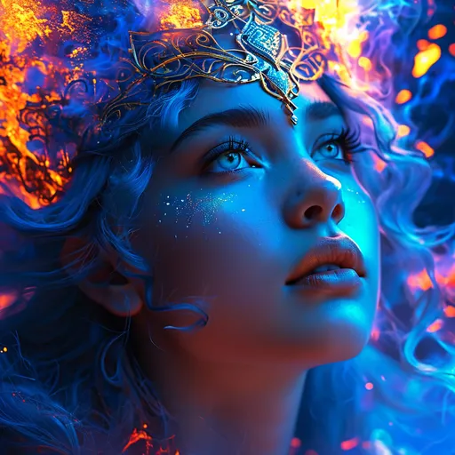 Prompt: Mefitis, blue haired Roman Goddess of Volcanoes, pre-Raphaelite time-lapse motion blur Abstract* cyber graffiti, High resolution, detailed portrait, Midjourney style, ethereal atmosphere, flowing hair, captivating eyes, cosmic mystical aura, vibrant colors, soft lighting, professional, digital painting, enchanting presence, fantasy, dreamy, female, mystical, detailed hair, captivating gaze, professional lighting, hyper realistic, HD 4k 3D, professional modeling, ethereal, gorgeous face, ambient divine glow, detailed and intricate, elegant, ethereal, mythical, goddess, radiant lighting, powerful symbols of volcanic lava and steam