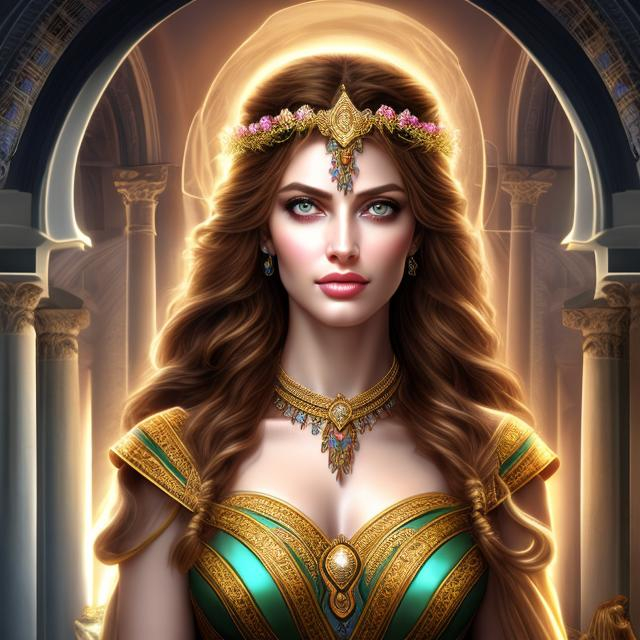 Prompt: HD 4k 3D 8k professional modeling photo hyper realistic beautiful priestess woman ethereal greek goddess of safety and salvation
rose colored hair green eyes pale skin gorgeous face grecian gown evil eye jewelry laurel wreath crown  full body surrounded by ambient holy glow hd landscape background greek coastline lambs and sheep in background
