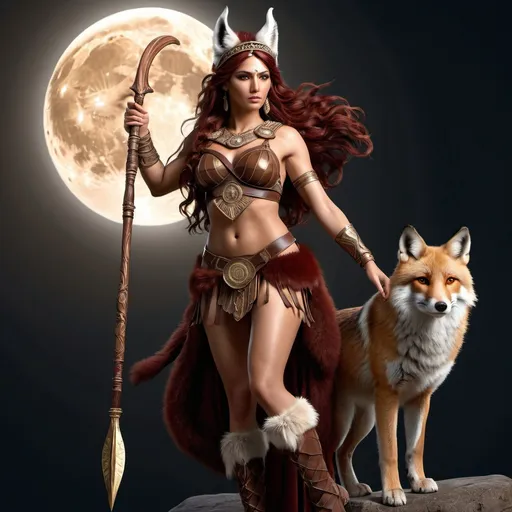 Prompt: HD 4k 3D, hyper realistic, professional modeling, ethereal Greek Goddess of the hunt and the moon, dark red hair, tan skin, gorgeous face, animal pelt armor and boots, barbarian brown jewelry and headband, full body, wooden spear, full moon, red fox companion, detailed, elegant, ethereal, mythical, Greek, goddess, surreal lighting, majestic, goddesslike aura