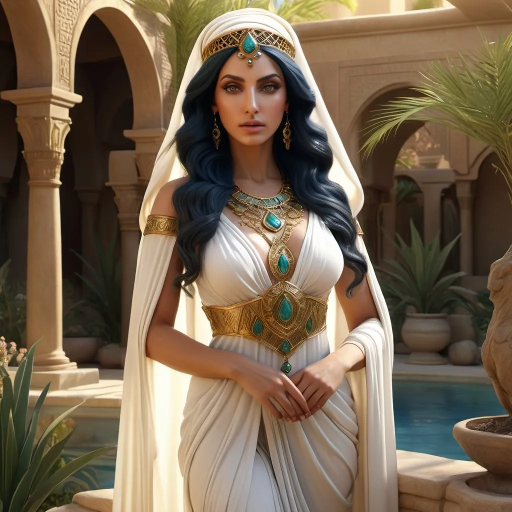 Prompt: HD 4k 3D, hyper realistic, professional modeling, enchanted Arabian goddess mythology Princess, beautiful, magical, detailed, highly realistic woman, high fantasy Middle East oasis garden landscape, elegant, ethereal, mythical, Greek goddess, surreal lighting, majestic, goddesslike aura, Annie Leibovitz style 