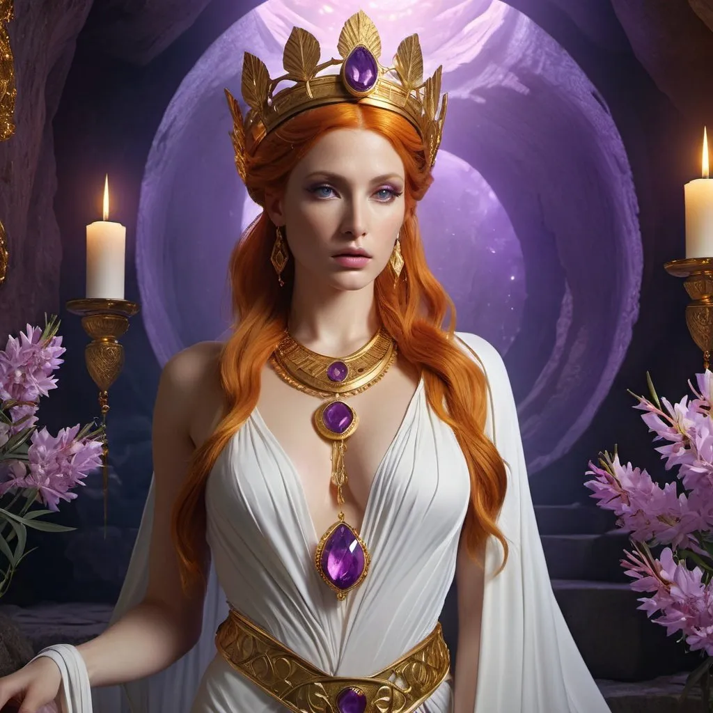 Prompt: HD 4k 3D, 8k, hyper realistic, professional modeling, ethereal Greek Goddess and Oracle of Delphi, orange hair, pale skin, gorgeous glowing face, high priestess white gown, purple veil, tourmaline jewelry and gold crown, cavern with fumes and vapors, mysterious cave adorned with oleander flowers, fortune teller and diviner, large python, surrounded by ambient divinity glow, detailed, elegant, mythical, surreal dramatic lighting, majestic, goddesslike aura