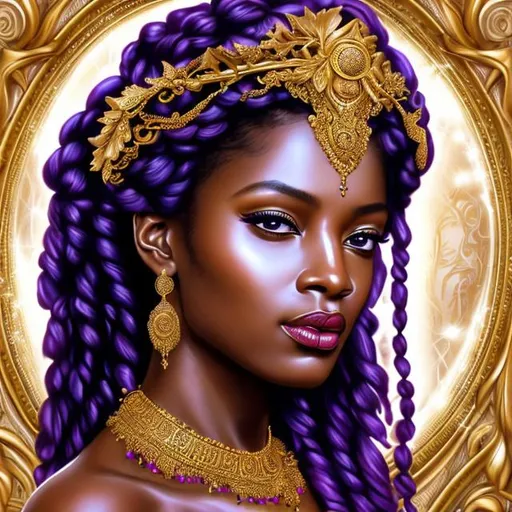 Prompt: HD 4k 3D, hyper realistic, professional modeling, ethereal Greek goddess of joyous abundance, purple and brown braided hair, mixed skin, luxurious gown, gorgeous face,  opulent jewelry and ivy crown, full body, ambient glow, festival, rich banquet background, detailed, elegant, ethereal, mythical, Greek, goddess, surreal lighting, majestic, goddesslike aura