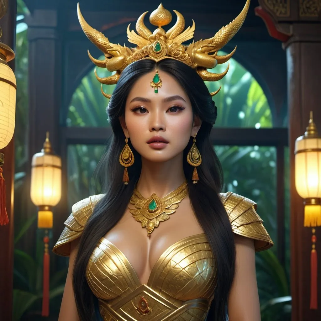 Prompt: HD 4k 3D, hyper realistic, professional modeling, enchanted Southeast Asian Princess - Raya, beautiful, magical, detailed, highly realistic woman, high fantasy background, Vietnam, Asian dragon, elegant, ethereal, mythical, Greek goddess, surreal lighting, majestic, goddesslike aura, Annie Leibovitz style 