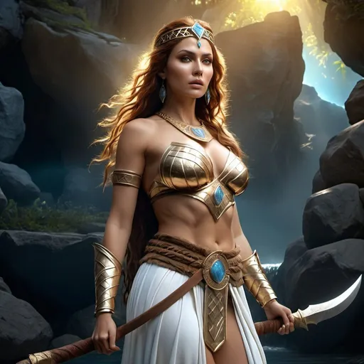 Prompt: HD 4k 3D 8k professional modeling photo hyper realistic beautiful woman enchanted barbarian Princess Yasimina, ethereal greek goddess, full body surrounded by ambient glow, magical, highly detailed, intricate, outdoor landscape, highly realistic woman, high fantasy background, elegant, mythical, surreal lighting, majestic, goddesslike aura, Annie Leibovitz style 

