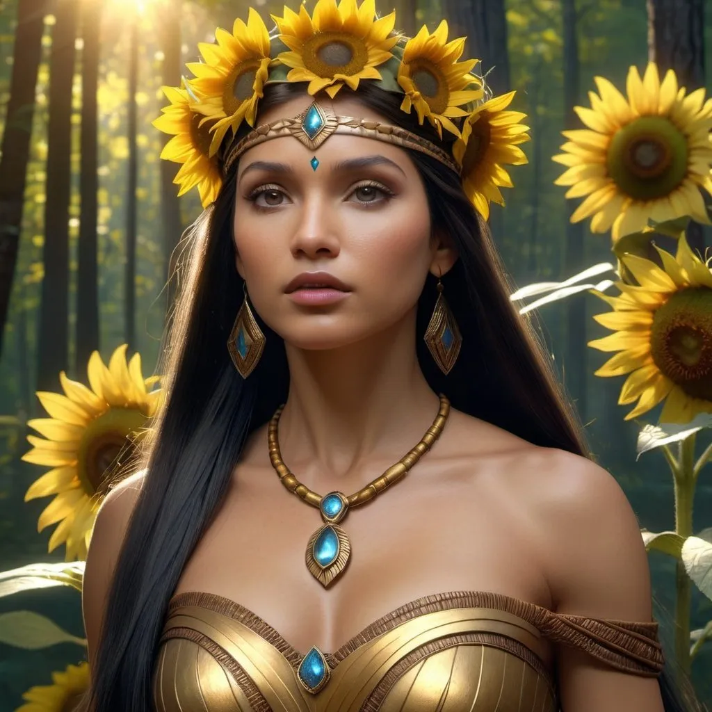 Prompt: HD 4k 3D, hyper realistic, professional modeling, enchanted Algonquin Princess - Pocahontas, beautiful, magical, detailed, highly realistic woman, high fantasy background, precolonial Virginia, forest, sunflowers, elegant, ethereal, mythical, Greek goddess, surreal lighting, majestic, goddesslike aura, Annie Leibovitz style 