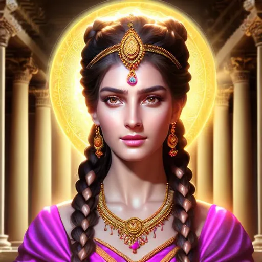 Prompt: HD 4k 3D 8k professional modeling photo hyper realistic beautiful priestess woman ethereal greek goddess truth, honesty and faith
green braided buns hair light hazel eyes fair skin gorgeous face pink cheeks shiny embroidered grecian robes religious jewelry religious crown full body surrounded by holy glow hd landscape background stained glass greek temple lamps candles petals
