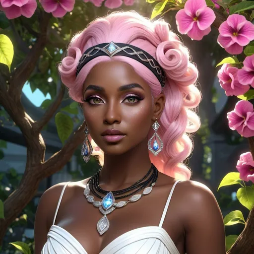 Prompt: HD 4k 3D, 8k, hyper realistic, professional modeling, ethereal Greek Goddess and Laconian Princess, pink hair, black skin, gorgeous glowing face, sorceress gown, diamond and grapevine jewelry and headband, magical seer, Sanctuary of calibrachoa flowers, large walnut tree, surrounded by ambient divinity glow, detailed, elegant, mythical, surreal dramatic lighting, majestic, goddesslike aura