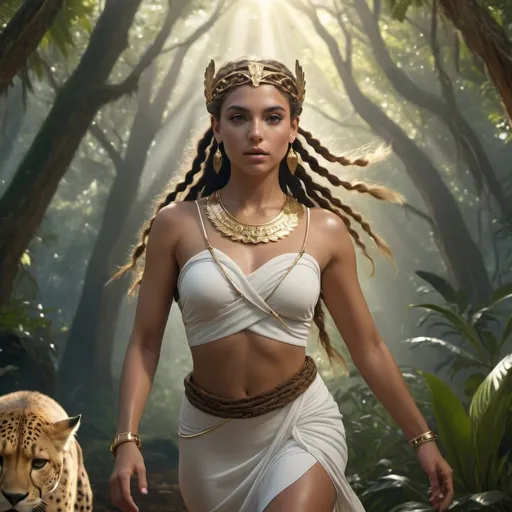 Prompt: HD 4k 3D, 8k, hyper realistic, professional modeling, ethereal Greek Goddess Cretan Princess, brown rope braided hair, brown skin, gorgeous face, athletic greek outfit, silver jewelry and headpiece, winged feet, sprinting through rainforest, cheetah companion, surrounded by ambient divine glow, detailed, elegant, ethereal, mythical, Greek, goddess, surreal lighting, majestic, goddesslike aura