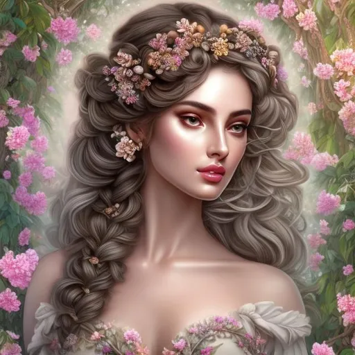 Prompt: HD 4k 3D, hyper realistic, professional modeling, ethereal Greek goddess of blooming flowers, brown and gray hair braided pigtails, dark skin, floral gown, gorgeous face, floral jewelry and floral headband, full body, ambient glow, garden in Spring, beautiful bright blooming flowers, swamps and vegetation, detailed, elegant, ethereal, mythical, Greek, goddess, surreal lighting, majestic, goddesslike aura
