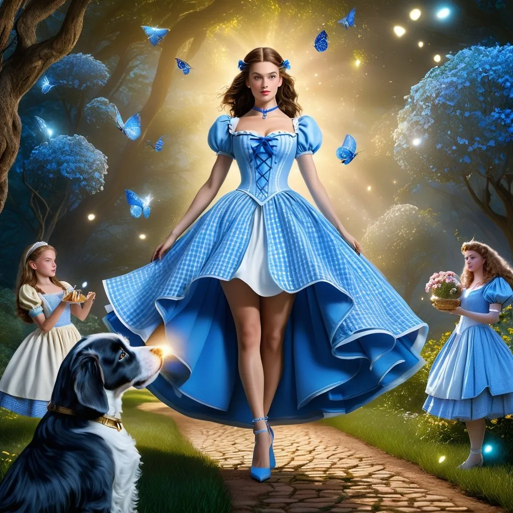 Prompt: HD 4k 3D 8k professional modeling photo hyper realistic beautiful woman enchanted, Oz Princess Dorothy Gale, Her trademark blue and white gingham dress is admired by the Munchkins because blue is their favorite color and white is worn only by good witches and sorceresses, which indicates to them that Dorothy is a good witch. Dorothy has a forthright and take-charge character, full body surrounded by ambient glow, magical, highly detailed, intricate, outdoor  landscape, high fantasy background, elegant, mythical, surreal lighting, majestic, goddesslike aura, Annie Leibovitz style 