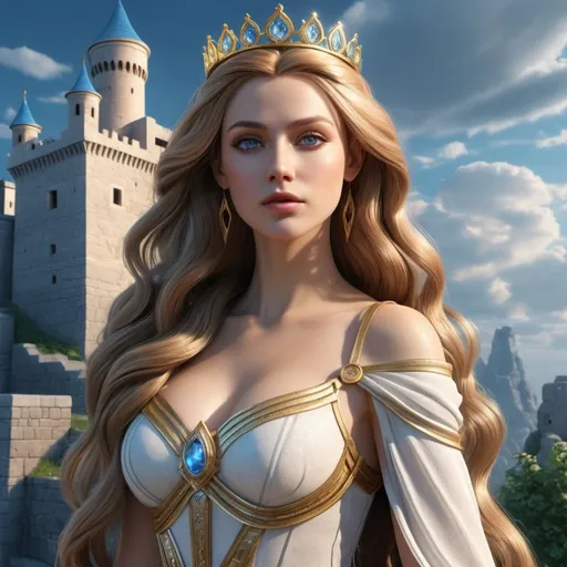 Prompt: HD 4k 3D, hyper realistic, professional modeling, enchanted German Princess, very long hair, castle tower, beautiful, magical, detailed, elegant, ethereal, mythical, Greek goddess, surreal lighting, majestic, goddesslike aura