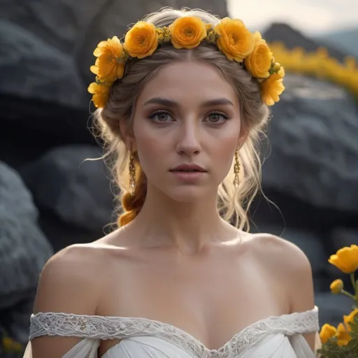 Prompt: HD 4k 3D, 8k, hyper realistic, professional modeling, ethereal Greek Goddess and Devoted Wife, orange milkmaid braid hair, beige skin, gorgeous face, ornate lace bridal gown, yellow gemstone jewelry and buttercup headband, at outdoor altar, surrounded by dark gloomy background descending to underworld except yellow flowers and glowing goddess, surrounded by ambient divine glow, detailed, elegant, ethereal, mythical, Greek, goddess, surreal lighting, majestic, goddesslike aura