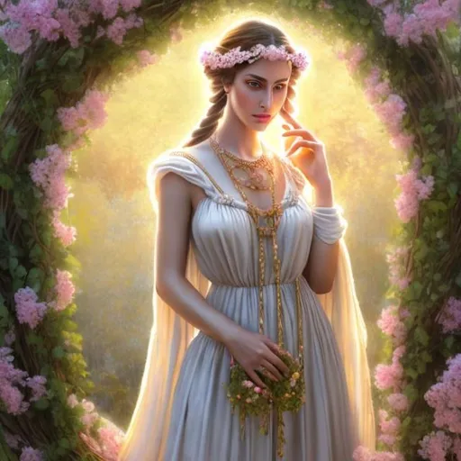 Prompt: HD 4k 3D, hyper realistic, professional modeling, ethereal Greek goddess of amusement, white and pink french braided pigtails, brown skin, yellow peasant gown, gorgeous face, earth inspired jewelry and tiara, full body, ambient glow, beautiful playful maiden in meadow, innocence, detailed, elegant, ethereal, mythical, Greek, goddess, surreal lighting, majestic, goddesslike aura