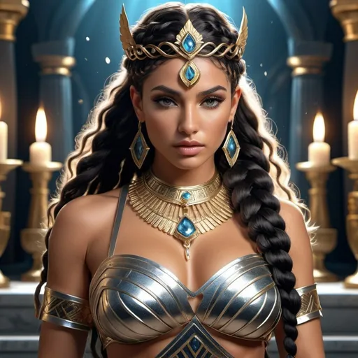 Prompt: HD 4k 3D, 8k, hyper realistic, professional modeling, ethereal Greek Goddess and Amazonian Warrior, black crown braid hair, tan skin, gorgeous glowing face, Amazonian Warrior fur armor, silver jewelry and tiara, Amazon warrior, tattoos, full body, independent, City of Atlantis, paradise, surrounded by ambient divine glow, detailed, elegant, mythical, surreal dramatic lighting, majestic, goddesslike aura