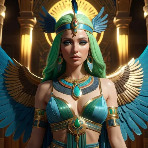 Prompt: HD 4k 3D, 8k, hyper realistic, professional modeling, ethereal Egyptian Goddess style, beautiful with vulture wings, glowing pale skin, green hair, mythical blue gown and jewelry, headband, full body, heavenly, Fantasy setting, colorful feathers, surrounded by ambient divine glow, detailed, elegant, surreal dramatic lighting, majestic, goddesslike aura, octane render, artistic and whimsical