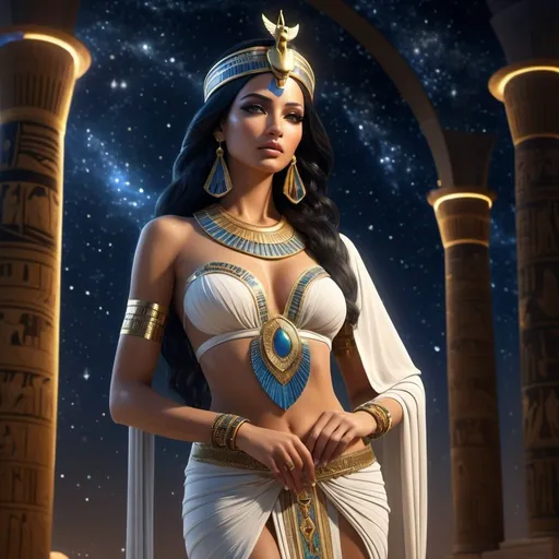 Prompt: HD 4k 3D, 8k, hyper realistic, professional modeling, ethereal Egyptian Goddess style, Goddess of the skies and heavens, beautiful, star covered gowns, glowing olive skin, black hair, mythical outfit covered in stars and jewelry, headband, full body, heavenly night sky, Fantasy setting, surrounded by ambient divine glow, detailed, elegant, surreal dramatic lighting, majestic, goddesslike aura, octane render, artistic and whimsical