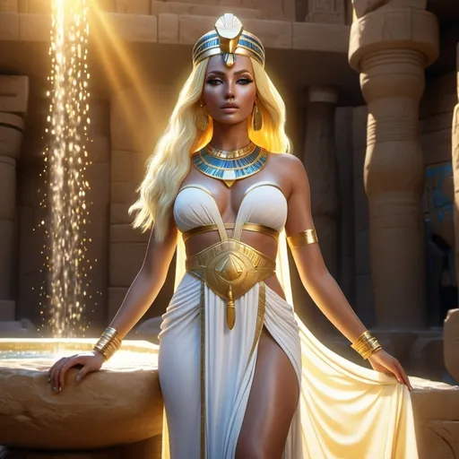 Prompt: HD 4k 3D, 8k, hyper realistic, professional modeling, ethereal Egyptian Goddess style, Puma Goddess, beautiful, waterfall oasis, glowing white skin, yellow hair, mythical gown, tiara, full body, Fantasy setting, surrounded by ambient divine glow, detailed, elegant, surreal dramatic lighting, majestic, goddesslike aura, octane render, artistic and whimsical