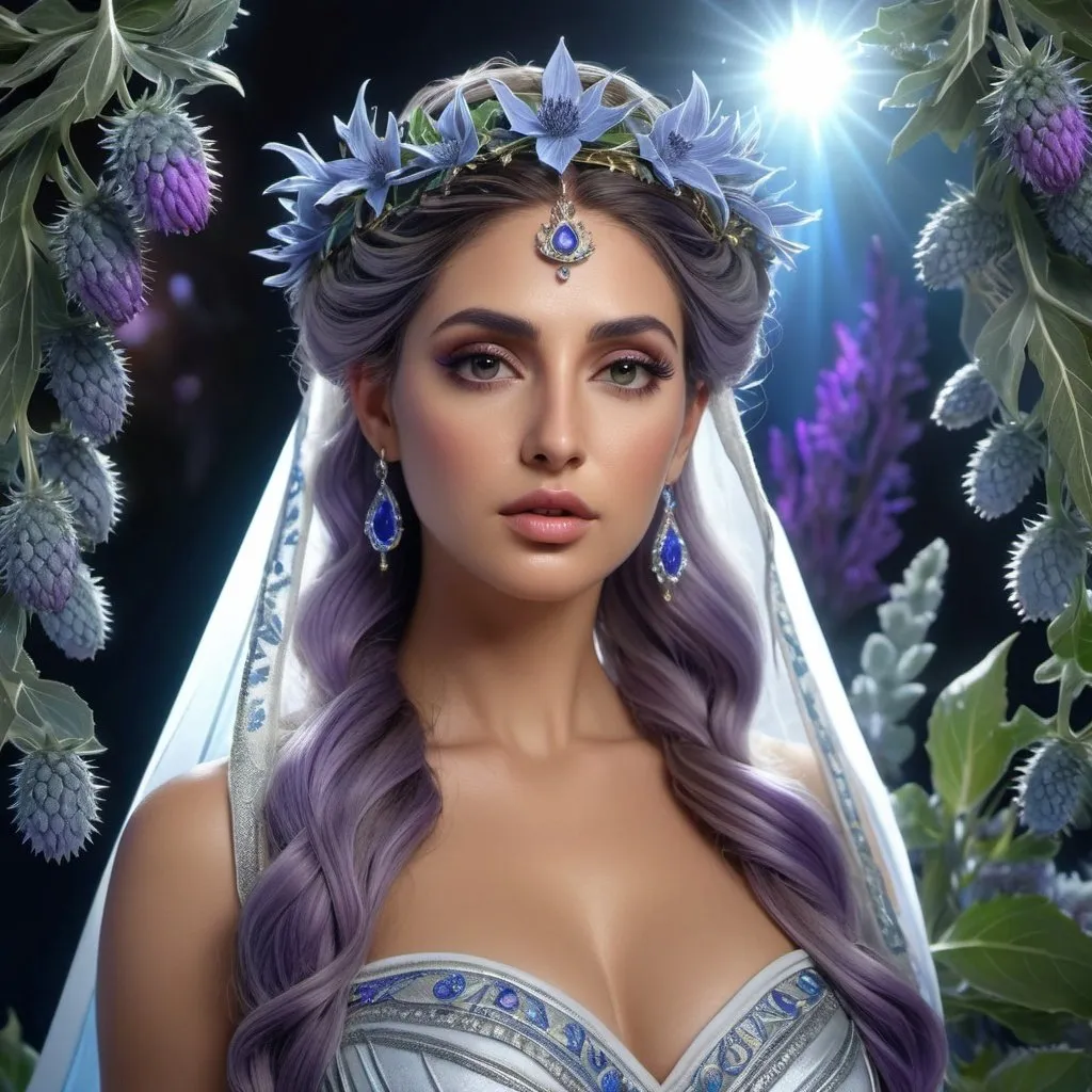 Prompt: HD 4k 3D, 8k, hyper realistic, professional modeling, ethereal Greek Goddess and first woman Pandora, purple half up twist hair, olive skin, gorgeous glowing face, silvery gown, embroidered veil, blue jewelry and garland and silver headband, wild and lush vegetation, pandora's box, sea holly flowers, surrounded by ambient divinity glow, detailed, elegant, mythical, surreal dramatic lighting, majestic, goddesslike aura