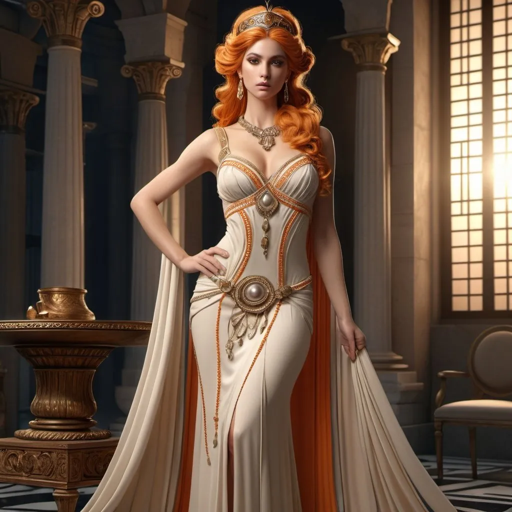 Prompt: HD 4k 3D, hyper realistic, professional modeling, ethereal Greek Goddess of Sewing, orange topsy tail hair, beige skin, gorgeous face, grecian embroidered gown, black pearl jewelry and tiara, full body, seamstress, sews fates, in a tower, spindle, detailed, elegant, ethereal, mythical, Greek, goddess, surreal lighting, majestic, goddesslike aura