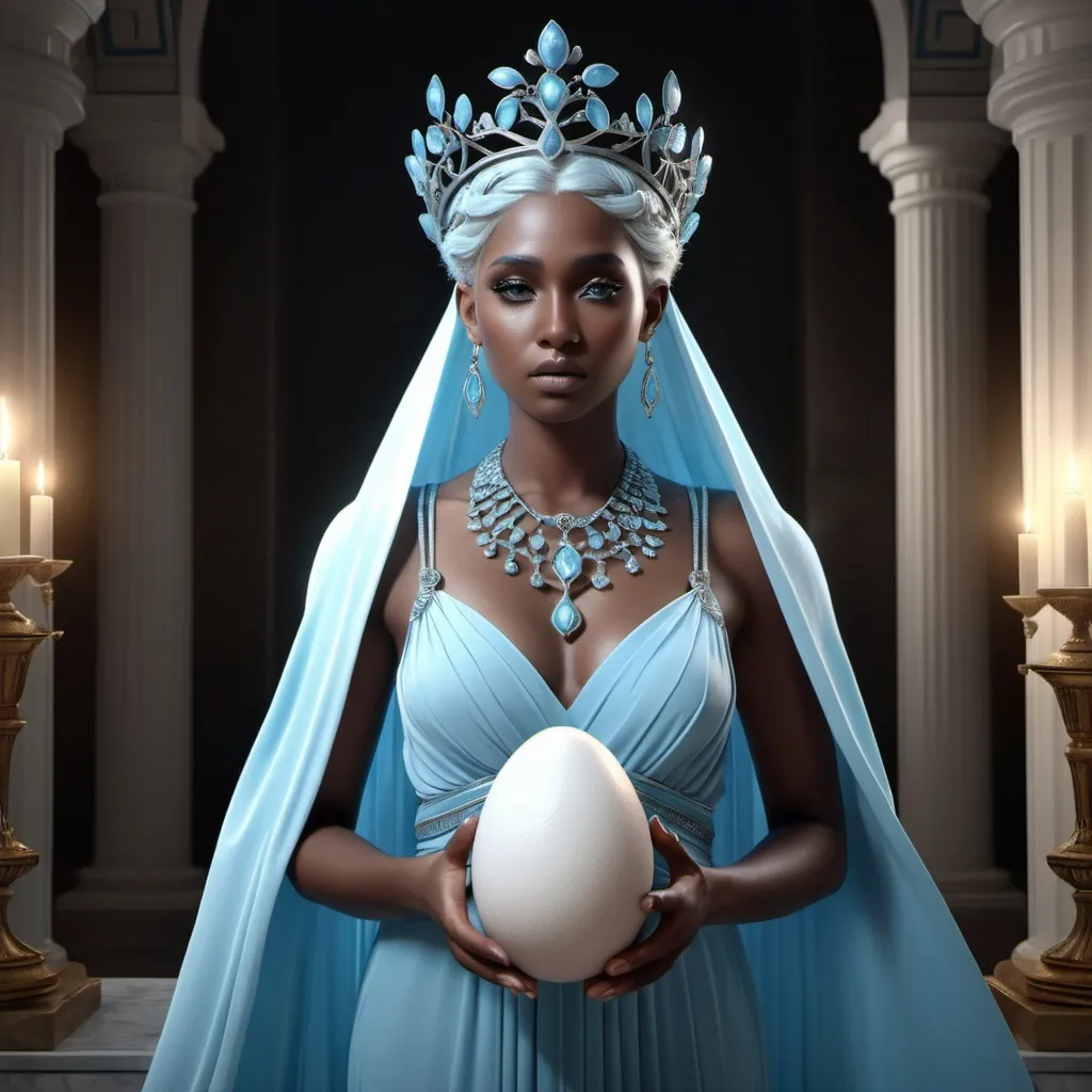 Prompt: HD 4k 3D, hyper realistic, professional modeling, ethereal Greek Muse of Origins, pale blue hair, dark skin, gorgeous face, grecian gown, simple jewelry and tiara, full body, embodiment of youth, hatching from an egg, beautiful form, enchantress, detailed, elegant, ethereal, mythical, Greek, goddess, surreal lighting, majestic, goddesslike aura