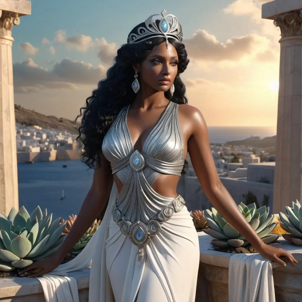 Prompt: HD 4k 3D, 8k, hyper realistic, professional modeling, ethereal Greek Goddess Helen of Troy, shining black hair, black skin, gorgeous glowing face, beautiful shining gown, silver gemstone jewelry and diadem, standing on the ramparts of Troy, swans and succulents, surrounded by ambient divinity glow, detailed, elegant, mythical, surreal dramatic lighting, majestic, goddesslike aura