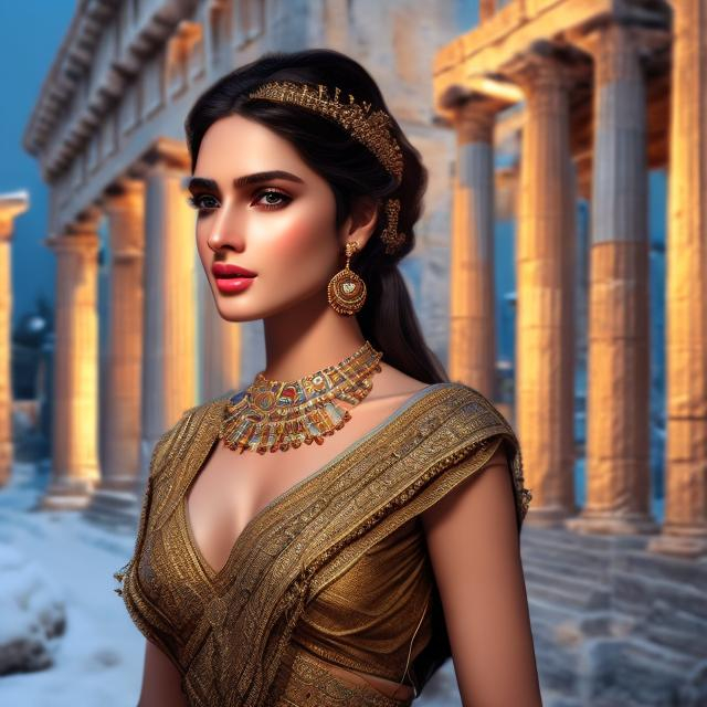 Prompt: HD 4k 3D 8k professional modeling photo hyper realistic beautiful woman ethereal greek goddess of beggary
black hair blue eyes dark skin gorgeous face simple greek dress simple jewelry simple headband streets of ancient greece full body surrounded by ambient glow hd landscape background during winter time 
