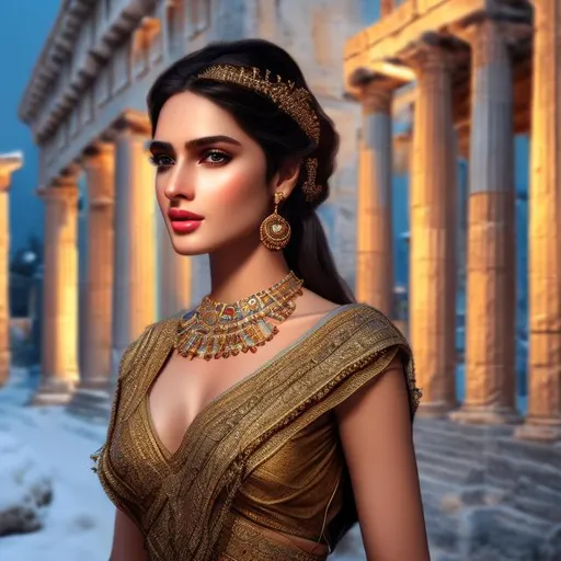 Prompt: HD 4k 3D 8k professional modeling photo hyper realistic beautiful woman ethereal greek goddess of beggary
black hair blue eyes dark skin gorgeous face simple greek dress simple jewelry simple headband streets of ancient greece full body surrounded by ambient glow hd landscape background during winter time 
