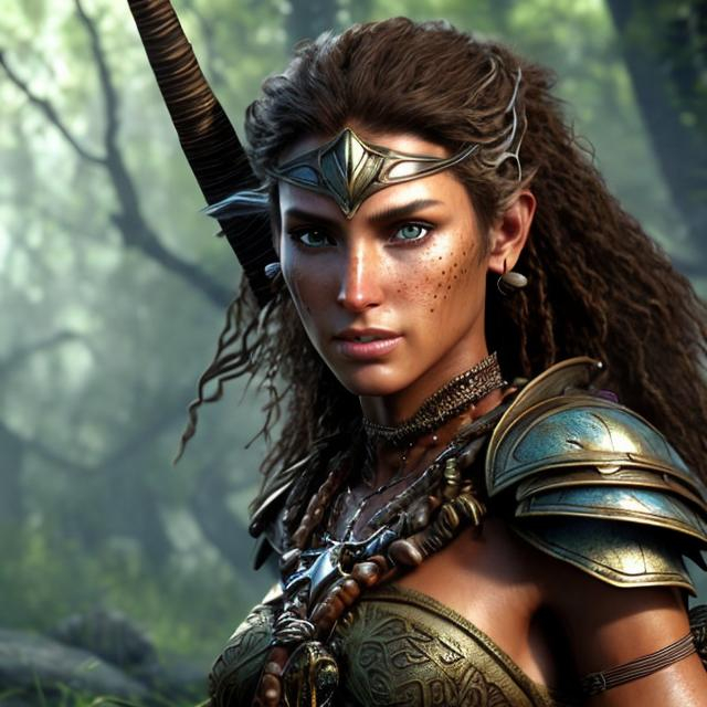 Prompt: HD 4k 3D 8k professional modeling photo hyper realistic beautiful warrior tribal woman ethereal greek goddess of pursuit
bronze hair brown eyes mixed freckled skin gorgeous face shimmering battle armor iron jewelry iron and feathered headpiece holding weapons full body surrounded by mystical glow hd landscape background she tracks and pursues enemies. She is hunting and running after them with eagles through the dark forest
