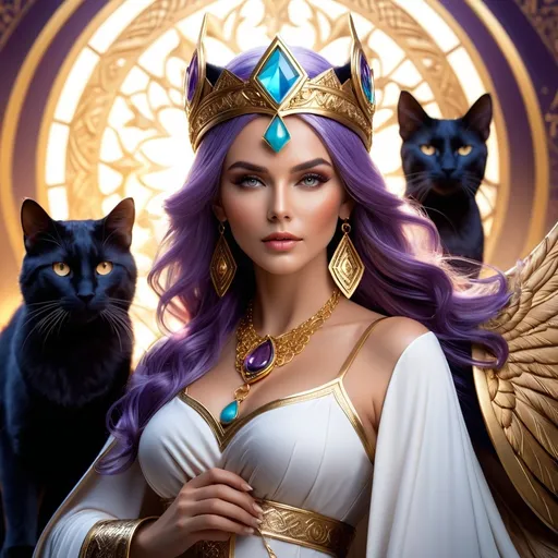 Prompt: Freyja, evil Norse witch, is a goddess associated with love, beauty, fertility, war, gold, and seiðr (magic for seeing and influencing the future). Freyja is the owner of the necklace Brísingamen, rides a chariot pulled by two cats, is accompanied by the boar Hildisvíni, and possesses a cloak of falcon feathers., hyper realistic, HD 4k 3D, professional modeling, ethereal, purple hair, beige skin, gorgeous face, jewelry and headpiece, ambient divine glow, detailed and intricate, elegant, ethereal, mythical, goddess, radiant lighting, majestic, goddesslike aura