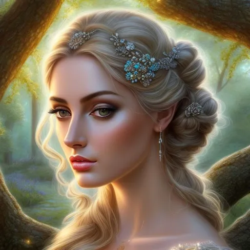 Prompt: HD 4k 3D, hyper realistic, professional modeling, ethereal Greek goddess of oak trees, blue hair, fair skin, gorgeous face, gorgeous rustic inspired dress, rustic jewelry and rustic headband, full body, ambient glow, oak tree forest nymph, landscape, detailed, elegant, ethereal, mythical, Greek, goddess, surreal lighting, majestic, goddesslike aura