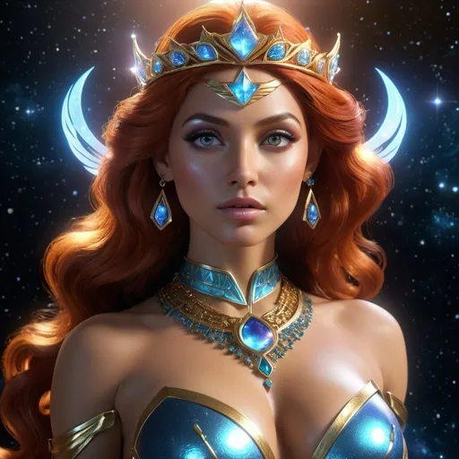 Prompt: HD 4k 3D, hyper realistic, professional modeling, enchanted Cosmic Princess - Starfire, strong, beautiful, magical, superpowers, outer space, detailed, elegant, ethereal, mythical, Greek goddess, surreal lighting, majestic, goddesslike aura