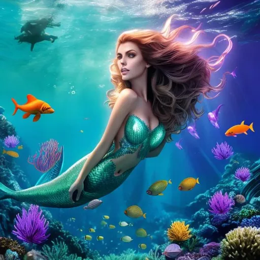 Prompt: HD 4k 3D 8k professional modeling photo hyper realistic beautiful evil woman ethereal greek goddess mermaid
green hair gorgeous face starfish  jewelry starfish diadem mermaid tail full body surrounded by ambient glow hd landscape swimming through underwater kelp forest 
