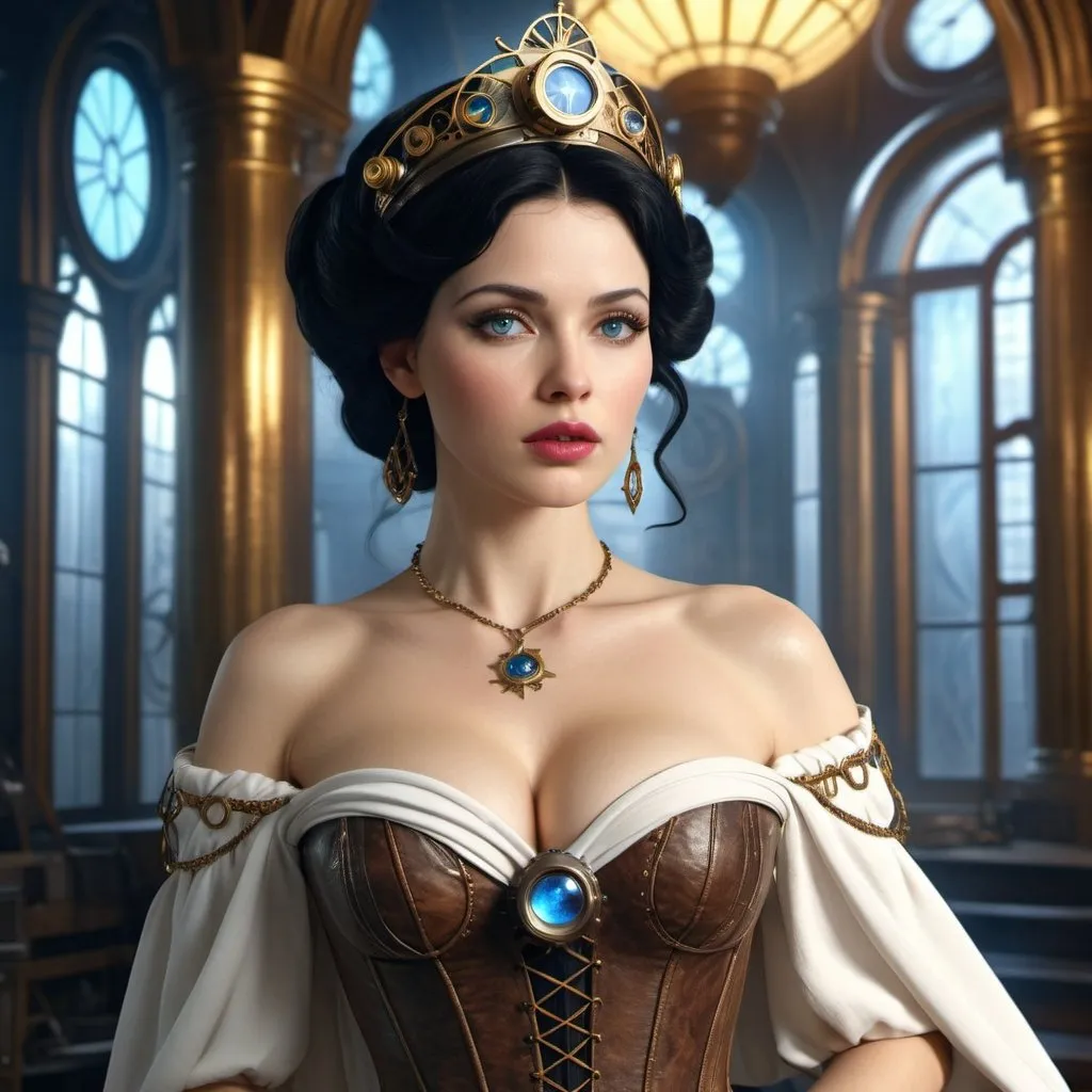 Prompt: HD 4k 3D, hyper realistic, professional modeling, enchanted German Steampunk Princess - Snow White, beautiful, magical, sci-fi, high fantasy background, detailed, highly realistic woman, elegant, ethereal, mythical, Greek goddess, surreal lighting, majestic, goddesslike aura, Annie Leibovitz style 