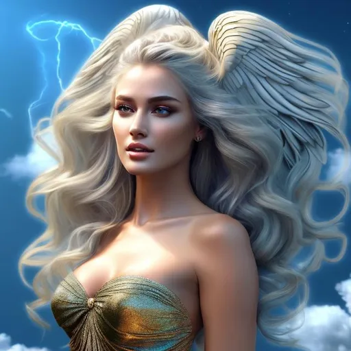 Prompt: HD 4k 3D 8k professional modeling photo hyper realistic three beautiful  women ethereal greek goddesses of the wind
different colored hair gorgeous face flowing gowns in the wind jewelry tiaras angel wings full body surrounded by ambient glow hd landscape beautiful winged goddesses on clouds

