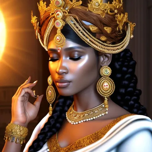 Prompt: HD 4k 3D, hyper realistic, professional modeling, ethereal Greek goddess of afternoon prayer, brown and black half up twist hair, brown skin, gorgeous face, priestess dress, religious jewelry and crown, full body, ambient glow of afternoon, alluring goddess, praying, afternoon meditation, piety, detailed, elegant, ethereal, mythical, Greek, goddess, surreal lighting, majestic, goddesslike aura