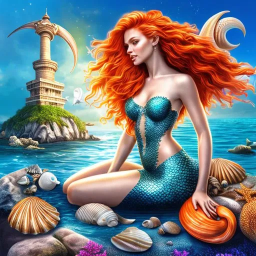 Prompt: HD 4k 3D 8k professional modeling photo hyper realistic beautiful woman ethereal greek goddess protector of mariners mermaid
orange hair gorgeous face seashell jewelry seashell headband beautiful mermaid tail full body surrounded by ambient glow hd landscape mermaid on rocks in ocean watching ships
